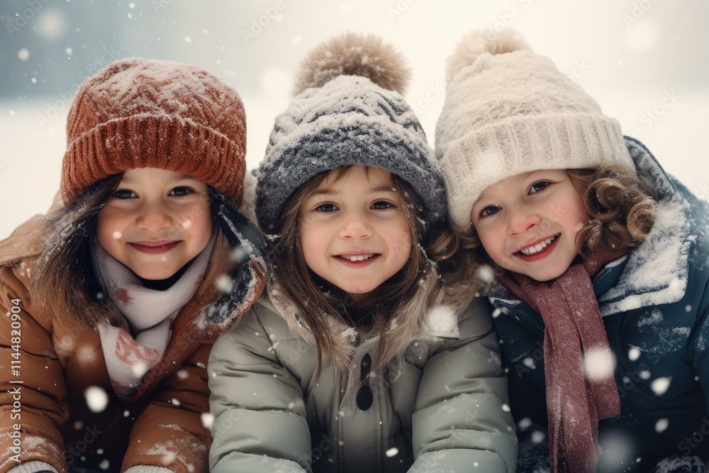 Three happy children bundled up in warm winter clothes, enjoying a snowy day outdoors Three happy children bundled up in warm winter clothes, enjoying a snowy day outdoors