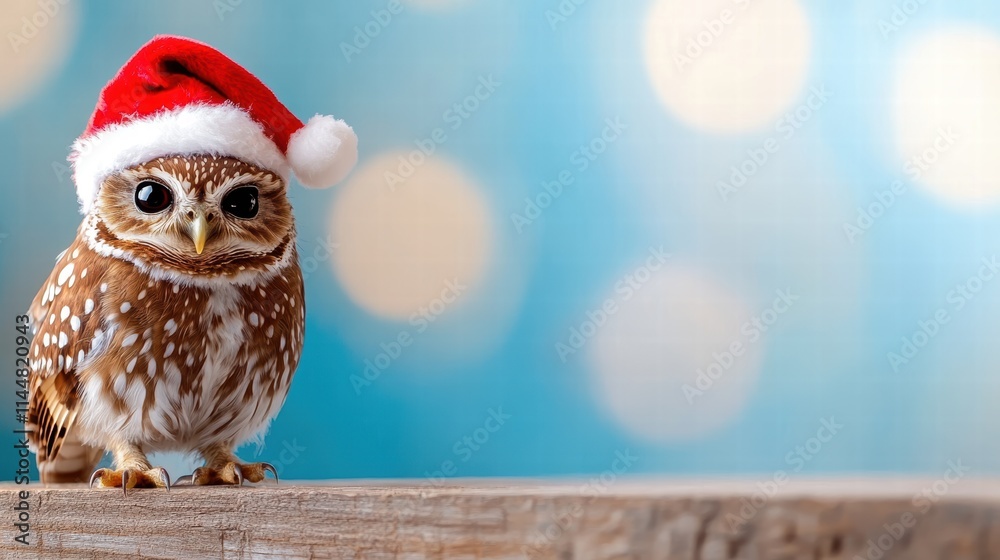Obraz premium An owl with a Santa hat perches on a table, set against a backdrop of blue bokeh lights, creating a festive and whimsical holiday atmosphere.