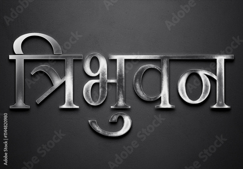 Chrome metal 3D Hindi name design of Tribhuvan on grey background in Hindi. photo