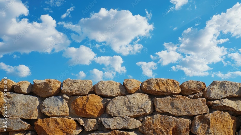 Stone wall displays an uneven surface against a backdrop of clouds in a blue sky, creating a striking contrast. The stone walls texture and the skys color complement each other. Stone wall displays an uneven surface against a backdrop of clouds in a blue sky, creating a striking contrast. The stone walls texture and the skys color complement each other.