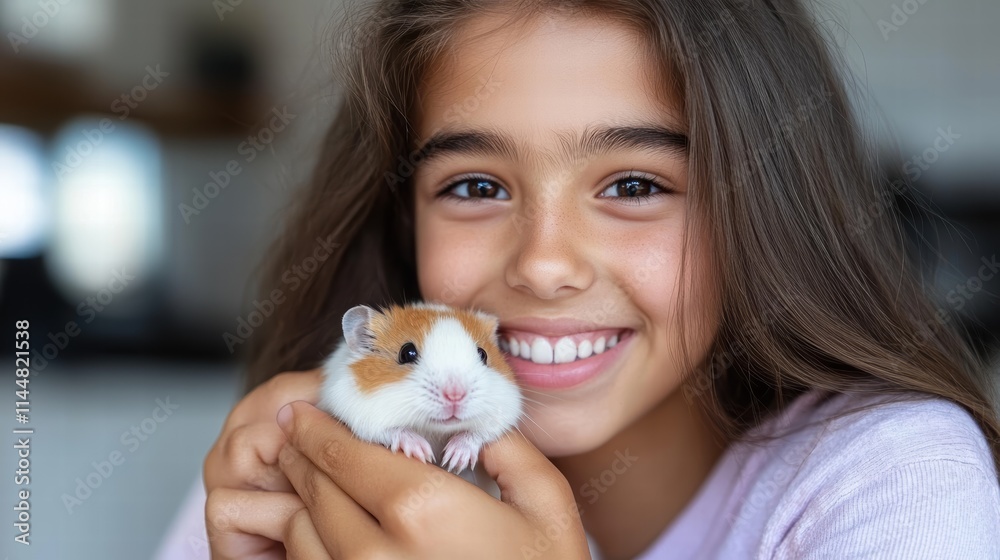 A joyful girl with long brown hair smiles warmly while gently holding a small, adorable hamster in her hands, showcasing a loving bond between pet and owner. A joyful girl with long brown hair smiles warmly while gently holding a small, adorable hamster in her hands, showcasing a loving bond between pet and owner.