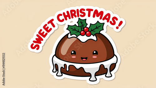 A digital illustration sticker featuring a cute, cartoon-style Christmas pudding with a smiling face
