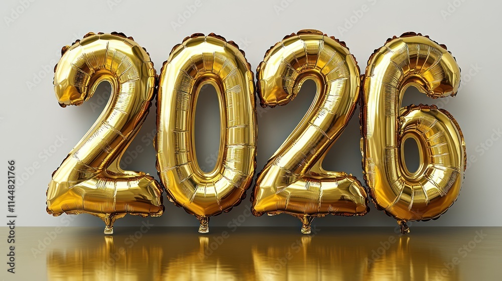 Golden balloons forming the year 2026 against a neutral background. Golden balloons forming the year 2026 against a neutral background.