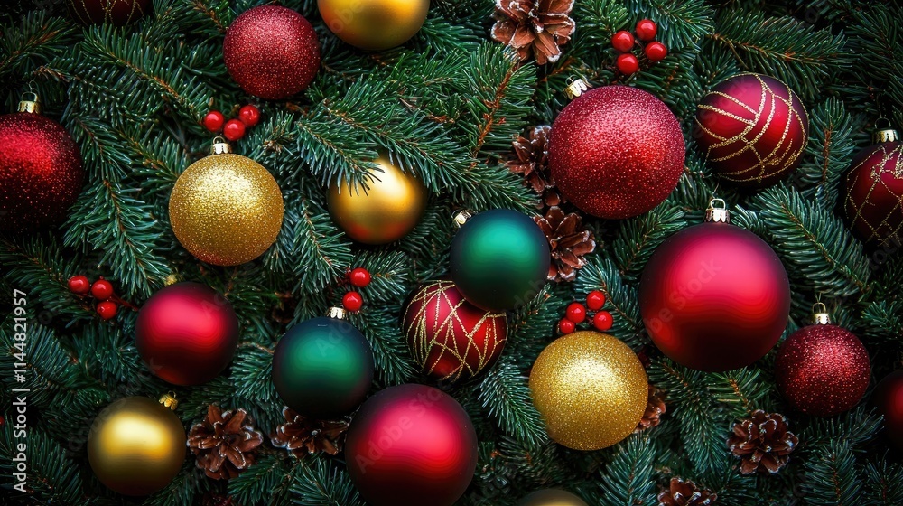 Christmas holiday and New Year decorations create a festive background, adorned with baubles and pine branches, offering a vibrant setting filled with holiday cheer and photo space. Christmas holiday and New Year decorations create a festive background, adorned with baubles and pine branches, offering a vibrant setting filled with holiday cheer and photo space.