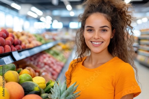 A cheerful woman with curly hair wearing an orange shirt is happily shopping for fresh fruits at a supermarket, surrounded by colorful produce on the shelves. photo