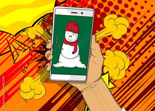 Cartoon Smartphone, comic book Telephone with Snowman. Retro vector comics pop art design.