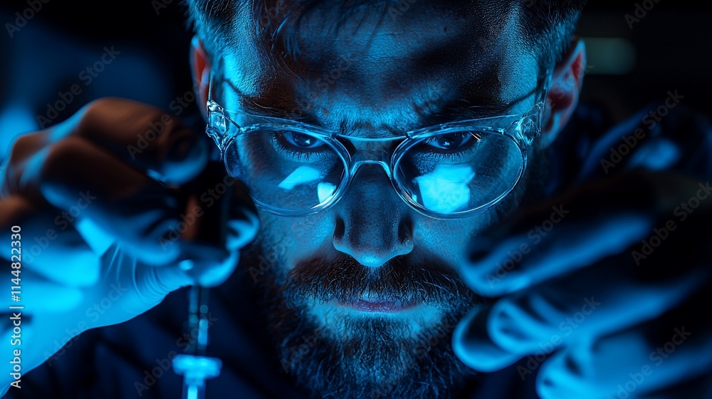 Intense man examines object with blue light. Intense man examines object with blue light.