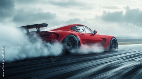 Red sports car drifting on a wet race track, creating a dramatic trail of smoke against a backdrop of gray clouds, capturing the thrill and excitement of high-speed motorsport action