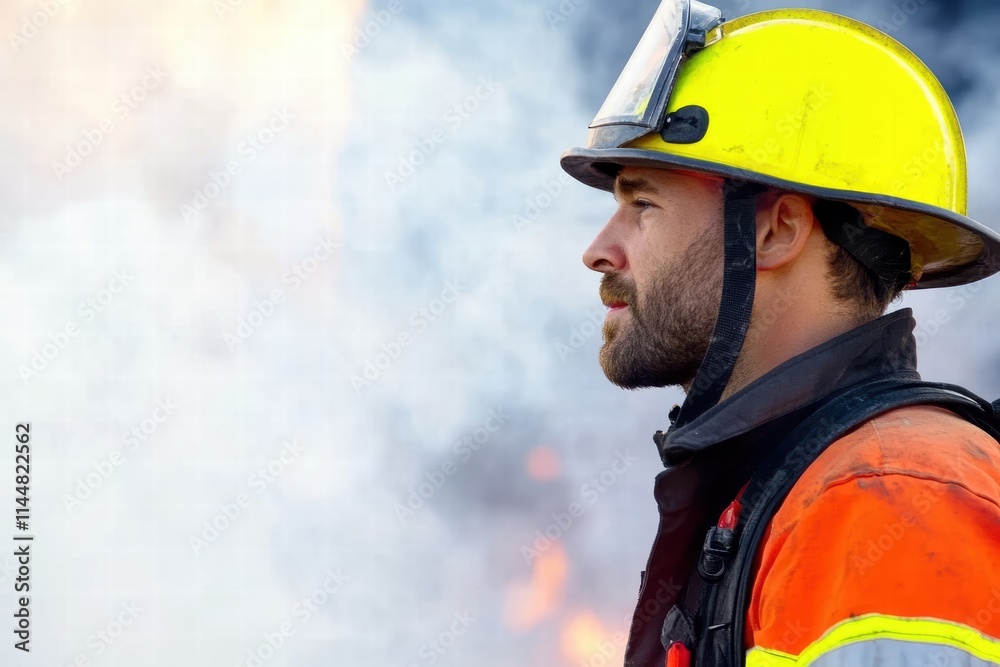 A determined firefighter in protective gear faces a burning background, illustrating bravery, dedication, and the challenges faced by first responders in dangerous situations. A determined firefighter in protective gear faces a burning background, illustrating bravery, dedication, and the challenges faced by first responders in dangerous situations.