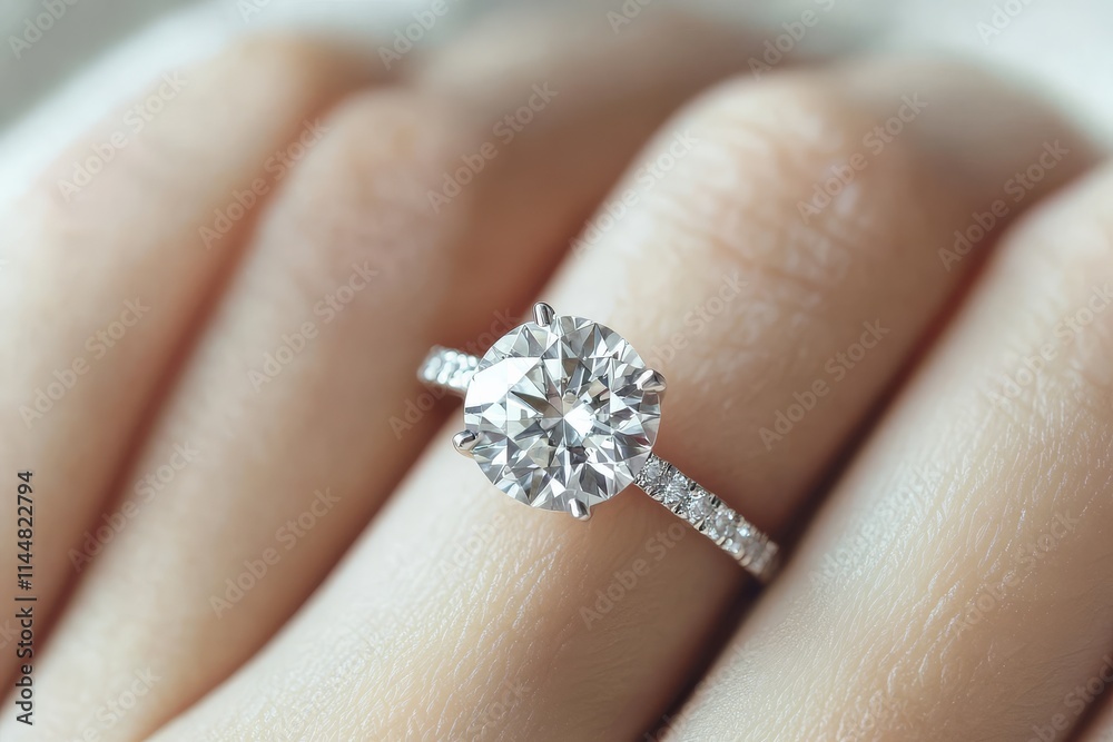 Intricate design of an engagement ring displayed on woman's finger.