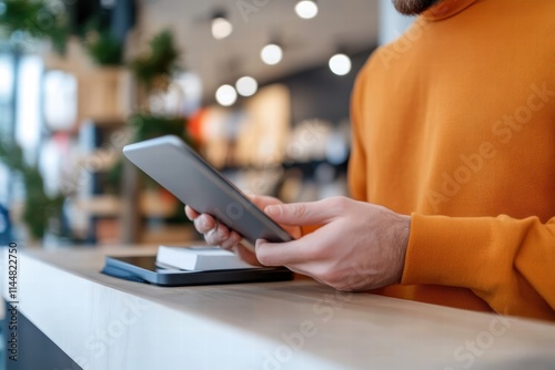 A man in an orange sweater is absorbed in his tablet at a sleek counter. The modern setting features bright lighting, inspiring focus and technological engagement. photo