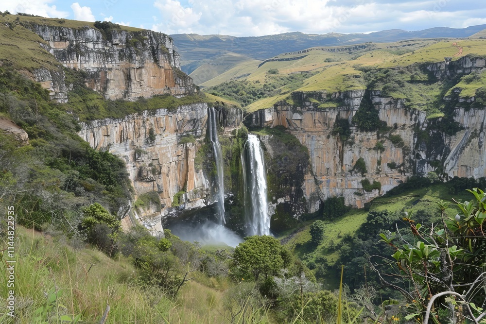 Fototapeta premium A sparkling waterfall in a lush forest