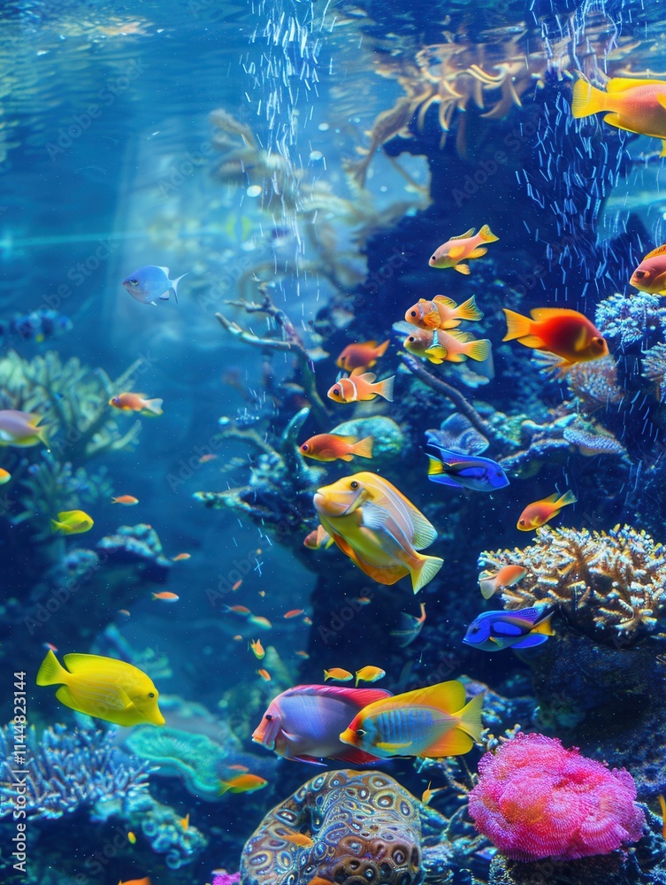 Fototapeta premium Vibrant tropical fish swim in a lively underwater world filled with colorful coral and marine life at a large aquarium. Generative AI