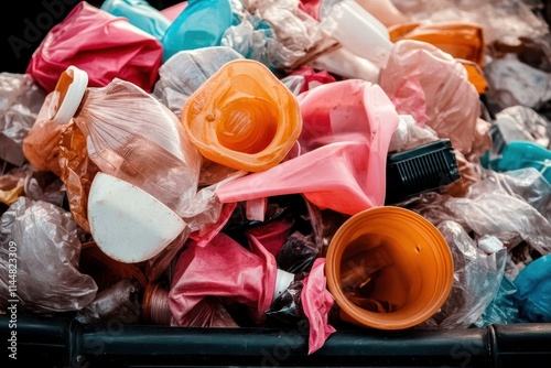 A close-up of colorful plastic waste in various shapes and sizes gathered in a bin, representing the global issue of waste management and environmental concerns. photo