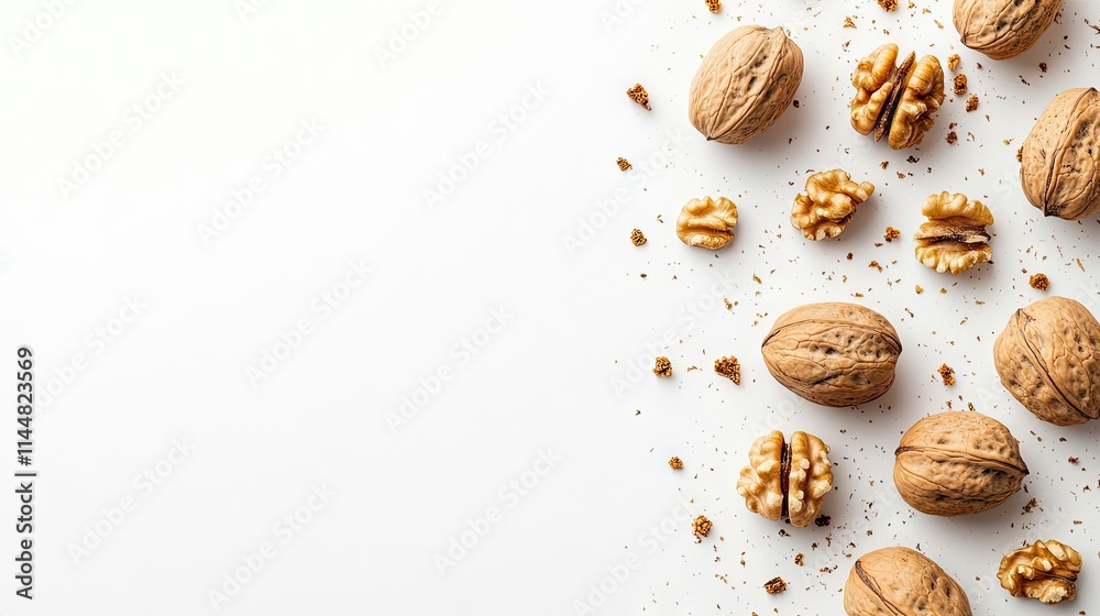 Top-down view of shelled walnut and nutmeg pieces arranged on a white background, ideal for culinary applications and food styling with ample copy space. Top-down view of shelled walnut and nutmeg pieces arranged on a white background, ideal for culinary applications and food styling with ample copy space.