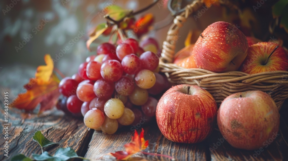 Basket of fresh apples and grapes on a rustic wooden table Basket of fresh apples and grapes on a rustic wooden table