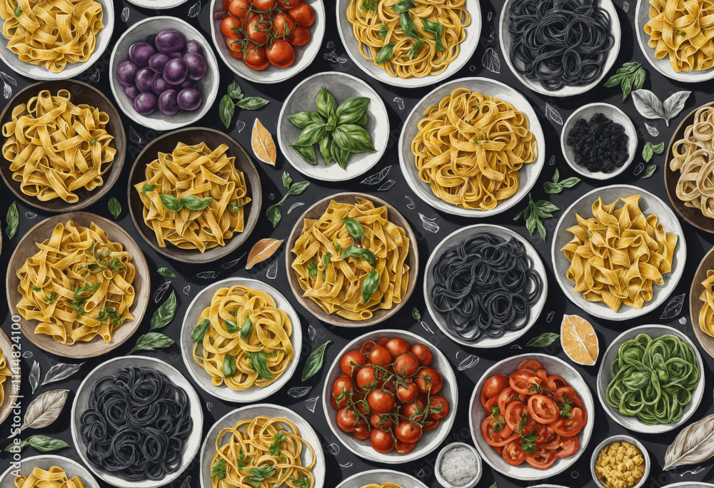 Variety of pasta dishes with colorful sauces and ingredients Variety of pasta dishes with colorful sauces and ingredients