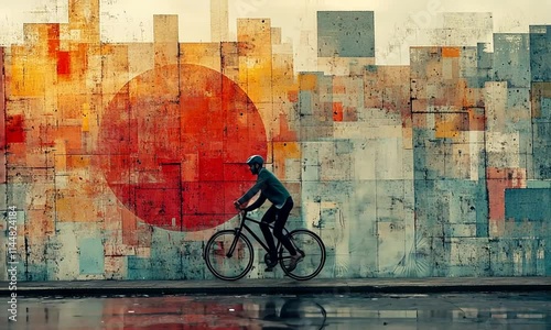 Wallpaper Mural A cyclist rides past a colorful abstract mural featuring a large red circle. Torontodigital.ca