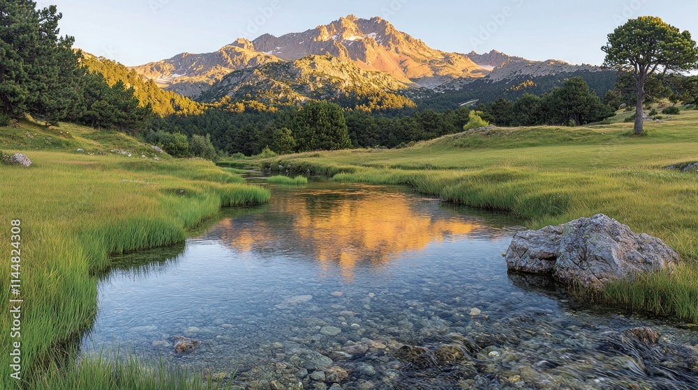 Fototapeta premium Mountain reflection in calm stream.