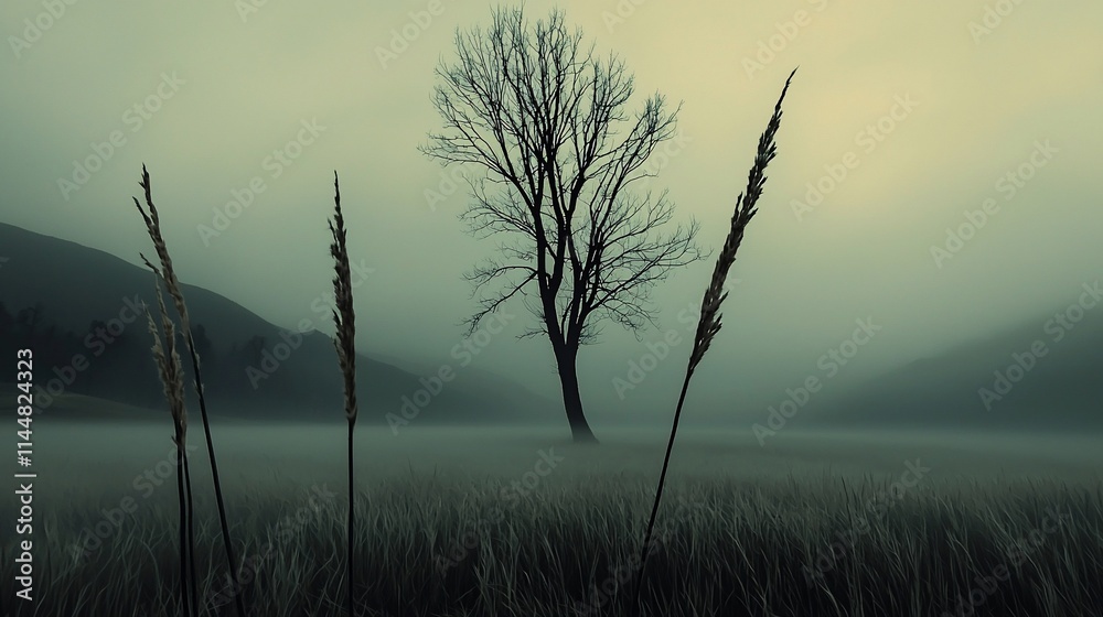 Obraz premium Moody misty landscape with grasses and lone tree.