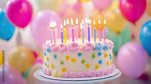 Vibrant birthday party cake adorned with candles and balloons, perfect for celebrating special moments. The colorful birthday party cake creates an inviting atmosphere, with ample copy space. photo