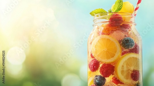 Fruit and berry lemonade creates a refreshing summer sensation. This healthy summer drink bursts with flavor, perfect for quenching thirst. Ideal for a copy space banner. photo