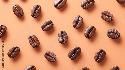 Aromatic roasted coffee beans create a vibrant contrast against a natural peach background. Enjoy the dark brown, delicious arabica robusta coffee in this flat lay with ample copy space.