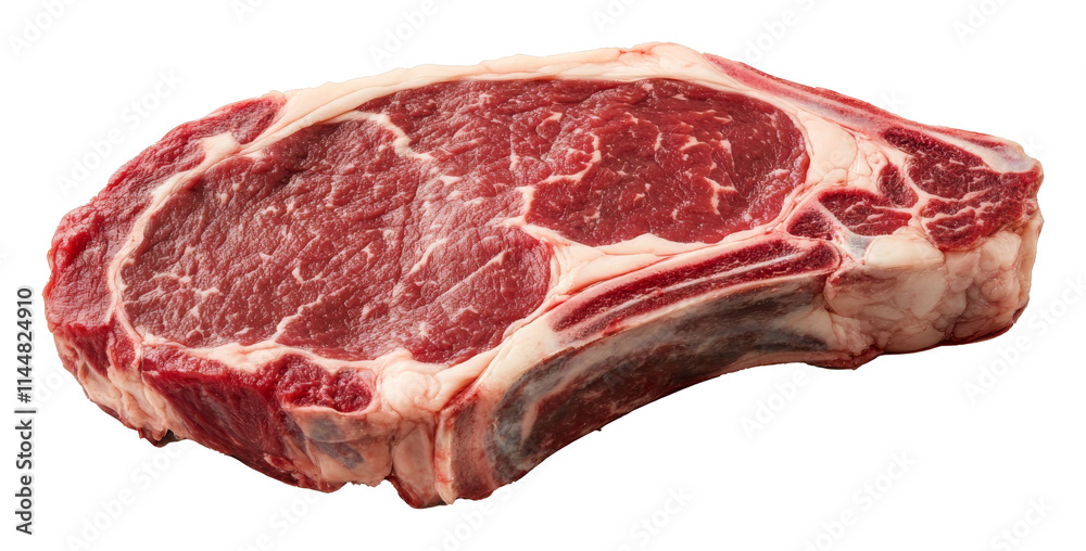 Fototapeta premium Raw ribeye steak with marbled texture, isolated on white. Premium beef cut for gourmet cooking, culinary concept