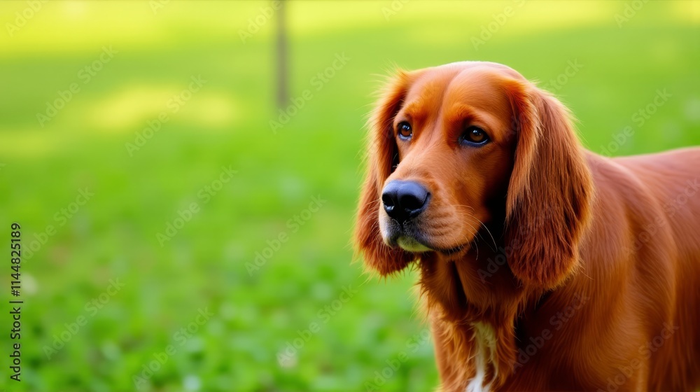 A brown dog standing on top of a lush green field A brown dog standing on top of a lush green field