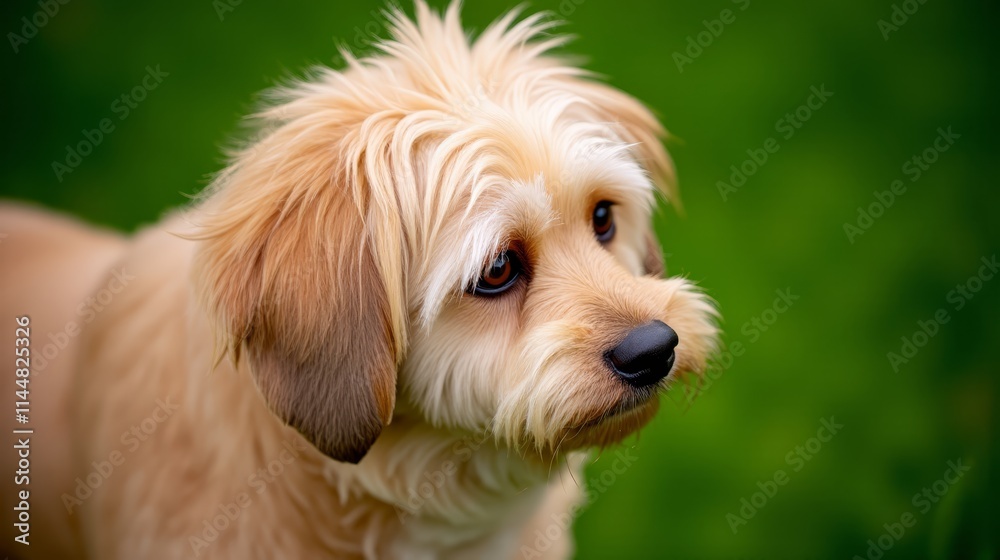 A small brown dog sitting on top of a lush green field A small brown dog sitting on top of a lush green field