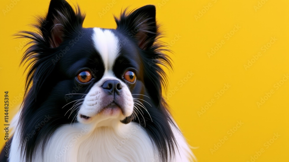 A black and white dog with a yellow background A black and white dog with a yellow background
