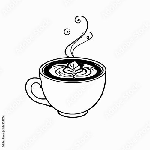 Black Outline Vector of Coffee Cup with Latte Art