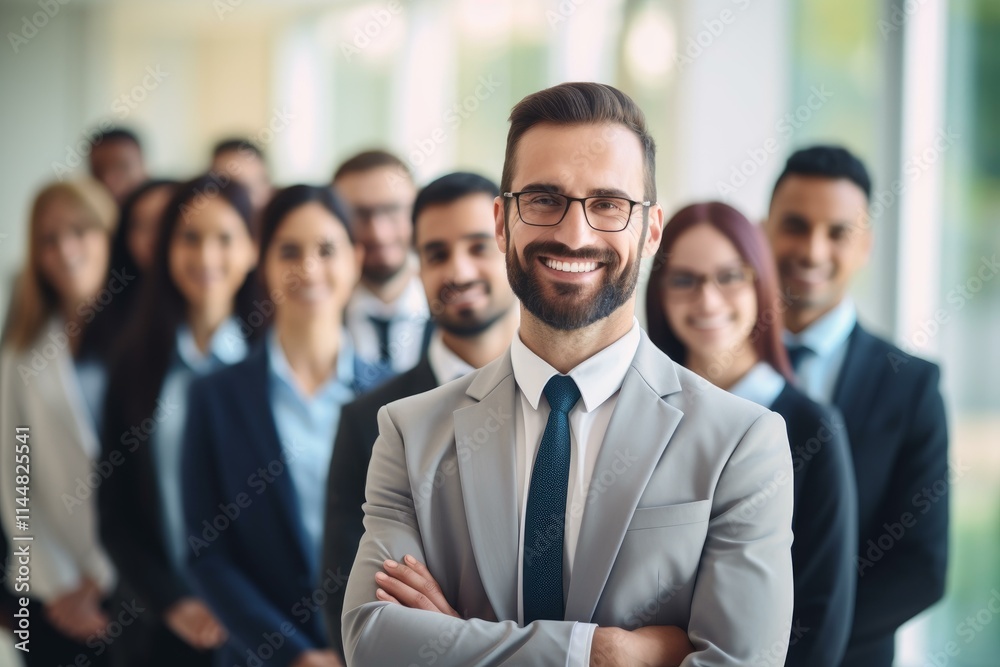 Portrait of a confident businessman smiling with arms crossed, leading a diverse team of professionals in a bright, modern office environment Portrait of a confident businessman smiling with arms crossed, leading a diverse team of professionals in a bright, modern office environment