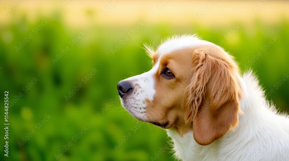 A brown and white dog sitting in a field of green grass A brown and white dog sitting in a field of green grass