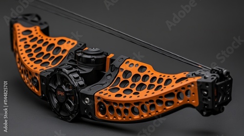 Orange and black modern compound bow with intricate design.