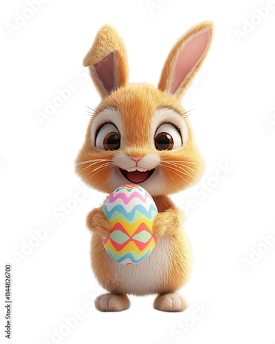 Excited 3D Rabbit Character Holding Colorful Easter Egg on Plain White Background