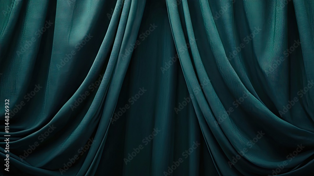 Fototapeta premium Dark teal curtain folds create a soft texture backdrop, perfect for photography or design projects. The dark teal fabric adds depth and elegance, providing a beautiful canvas with ample copy space.