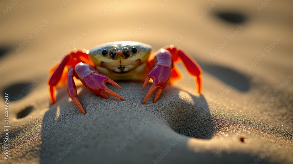 A small crab sitting on top of a sandy beach A small crab sitting on top of a sandy beach
