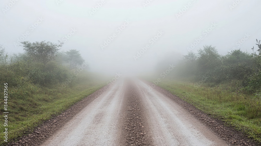Misty road enveloped in rising fog creates a sense of solitude and anticipation, inviting contemplation. Ideal for projects needing a serene, atmospheric photo with copy space. Misty road enveloped in rising fog creates a sense of solitude and anticipation, inviting contemplation. Ideal for projects needing a serene, atmospheric photo with copy space.