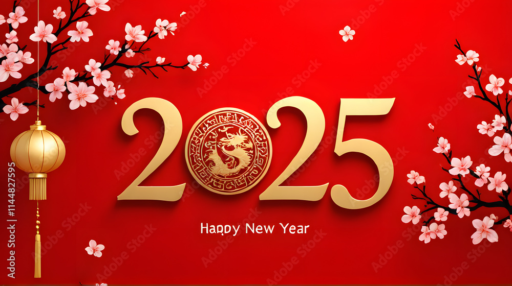 Naklejka premium New Year 2025. Luxurious and festive Chinese New Year theme decorated with round coins with dragon shapes, lanterns and cherry blossom branches with light pink flowers. Dark red background.