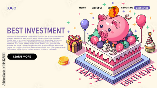 Piggy bank for Happy Birthday Investment, vector art, simple, minimalist