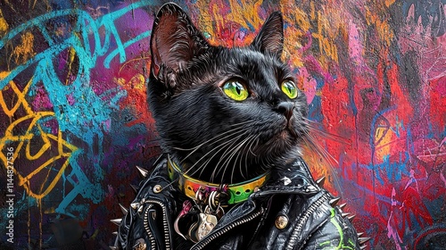 Sleek black cat in leather jacket poses confidently against urban graffiti backdrop photo