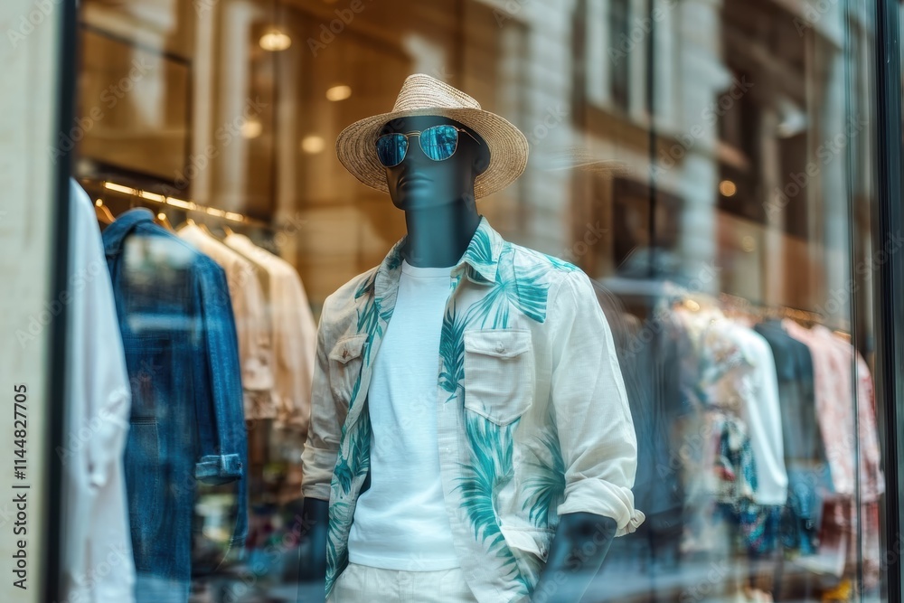 Fototapeta premium Storefront mannequin exhibits a crisp white shirt under a tropical print cover with matching tan trousers and accessories, set against a modern urban backdrop.