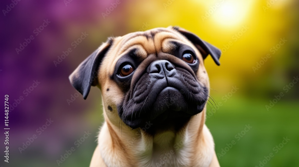 A pug dog looking up at the camera with a blurry background A pug dog looking up at the camera with a blurry background