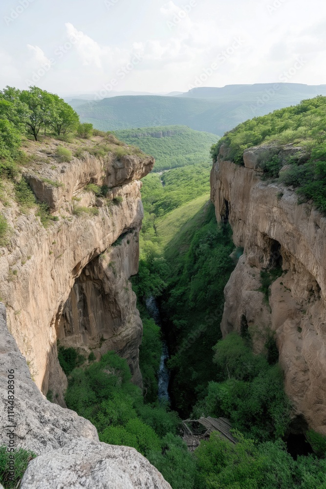 A beautiful mountain landscape with a deep canyon in the middle. The canyon is surrounded by lush green trees and rocks, creating a serene and peaceful atmosphere A beautiful mountain landscape with a deep canyon in the middle. The canyon is surrounded by lush green trees and rocks, creating a serene and peaceful atmosphere