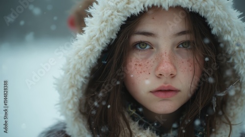 A young girl with freckles on her face in the snow