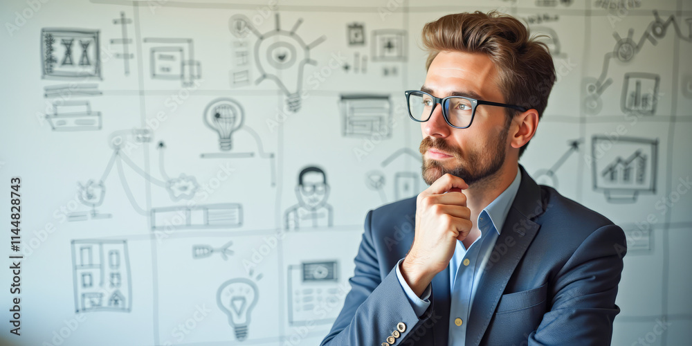 A thoughtful man with glasses generates business ideas A thoughtful man with glasses generates business ideas