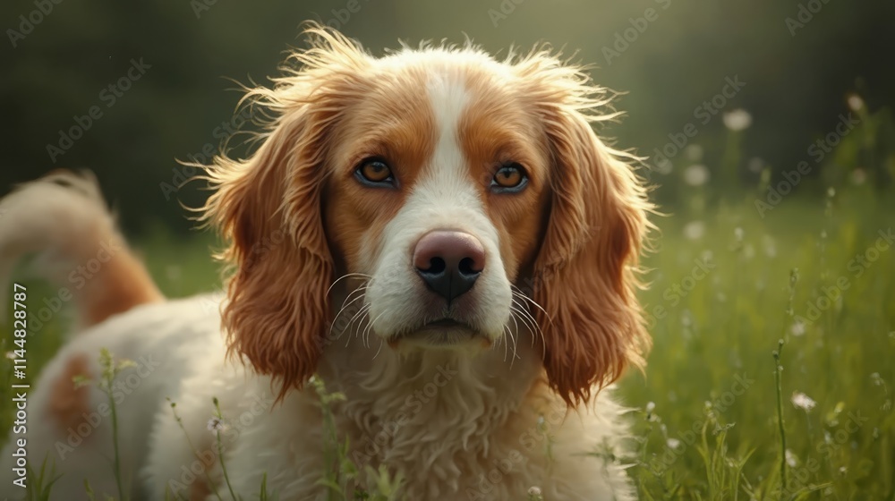 A brown and white dog laying in a field of grass A brown and white dog laying in a field of grass