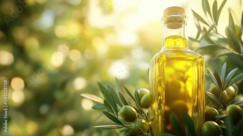 Golden olive oil bottle in sunlit orchard. photo