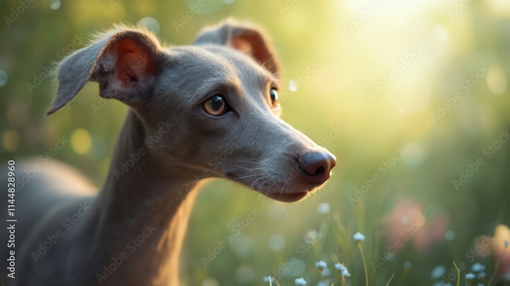 A dog is standing in a field of flowers A dog is standing in a field of flowers